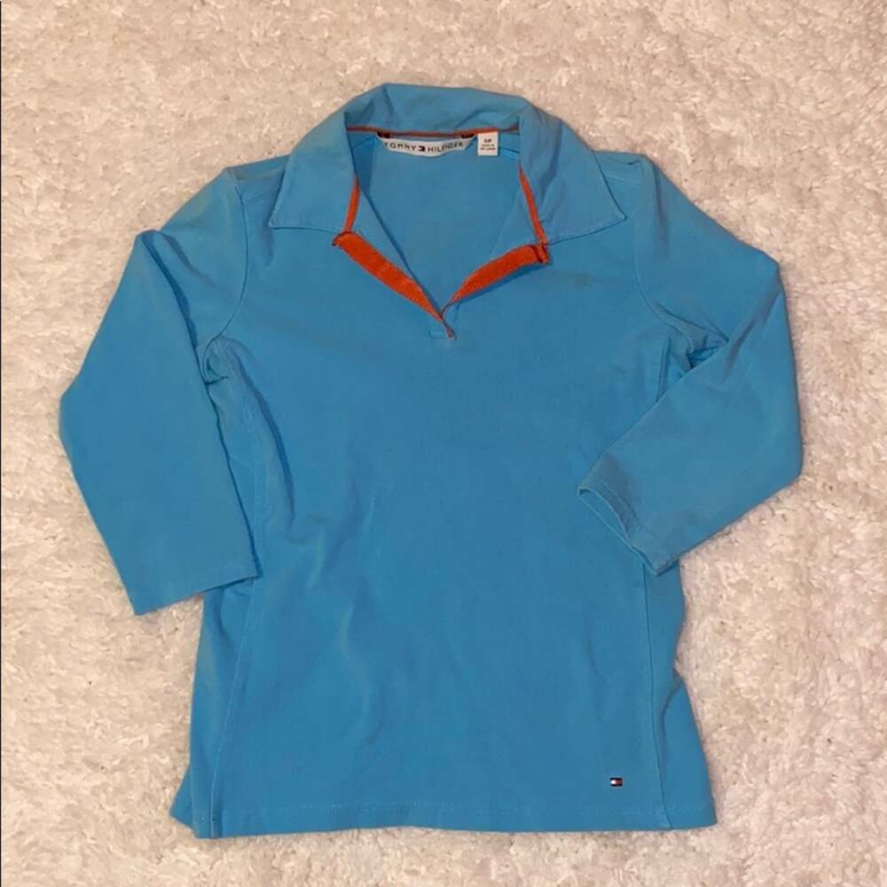 Tommy Hilfiger Quarter Sleeve Sky Blue Colorful Bright Blouse Career Top M25